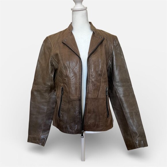 Marc New York Olive Leather Moto Jacket Zip Banded Collar Medium - Picture 2 of 16